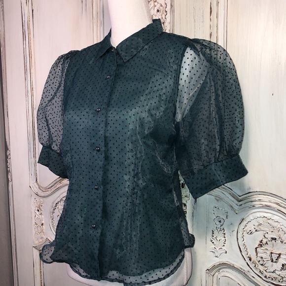 Haute Monde  Sheer Dotted Swiss Puffed Sleeve Button Down Blouse Size Small - Picture 3 of 11